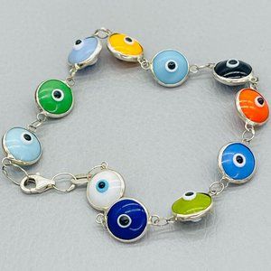 Sterling Silver Colorful Evil Eye Bracelet with Art Glass Beads